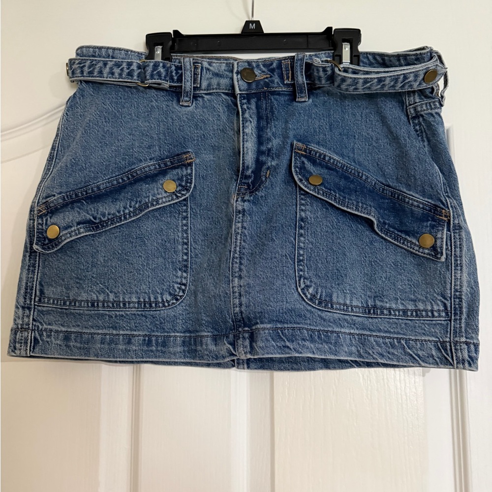 High-Rise Denim Mini Skirt in Blue with Utility Pockets